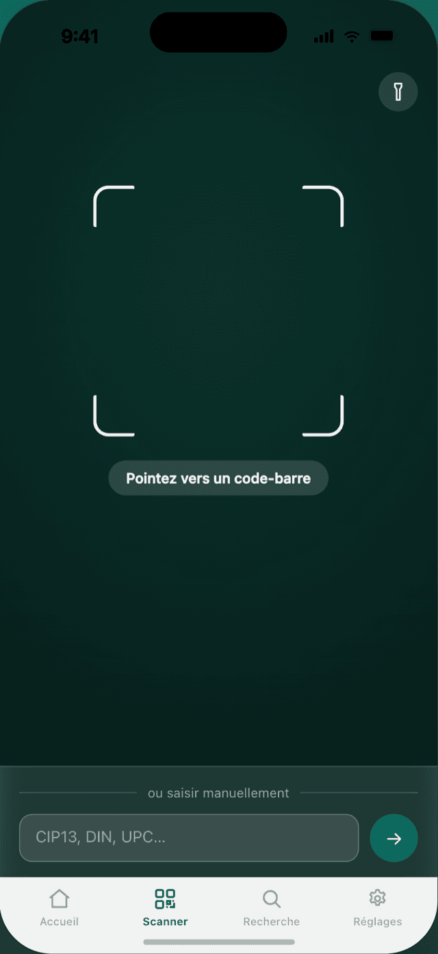 Écran Scanner de Kayu : le viseur de l'appareil photo et la saisie manuelle d'un code CIP13, DIN ou UPC.