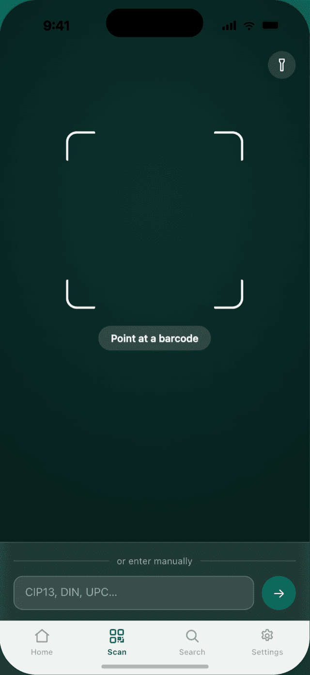 Kayu's Scan screen: the camera viewfinder and manual entry for a CIP13, DIN or UPC code.